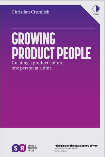 An image of the cover of the book, Growing Product People, set in front of a set of fun and unique thick brushstrokes that serve as a frame for it.